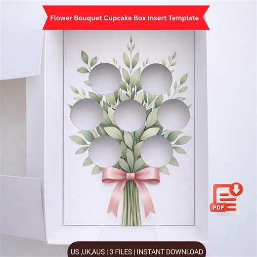 Flower Bouquet Cupcake Box Insert PDF – Ready-made Cupcake Packaging Template With Pink Ribbon Design - Etsy