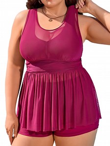 Asoul Plus Size Swimsuit Sets Ruched Tankini Swimdress Flowy 2 Piece Tummy Control Bathing Suits with Shorts