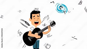 Cartoon man playing a guitar and singing, surrounded by music notes and creative doodles. Stock Video