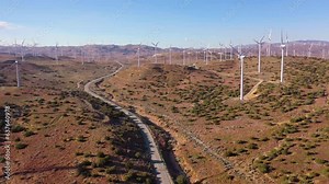 2023 - Excellent aerial footage moving through a wind farm in Tehachapi, California. Stock Video