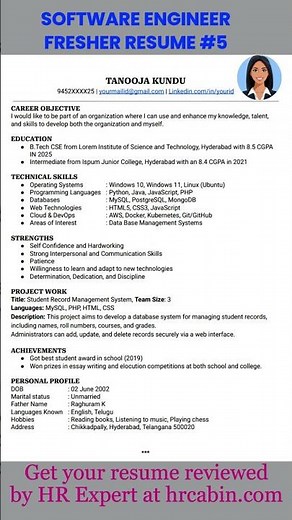 Sofware Engineer Resume Fresher Sample #5
