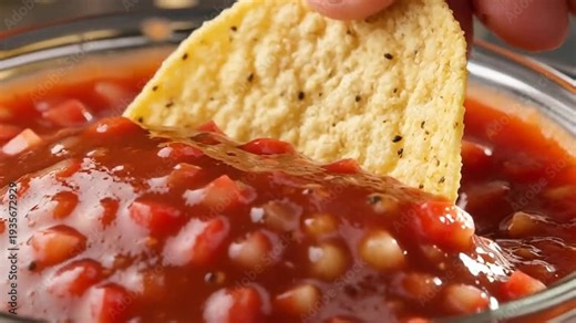 Close-up of a tortilla chip being dipped into a vibrant bowl of chunky tomato salsa filled with vegetables and spices