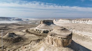 Stunning landscape shaped by ancient ocean Tethys during much of the Mesozoic Era and early-mid Cenozoic Era. Ustyurt Plateau in Mangystau region, Kazakhstan.