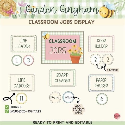 Garden Gingham Classroom Jobs Display – Decor Preview