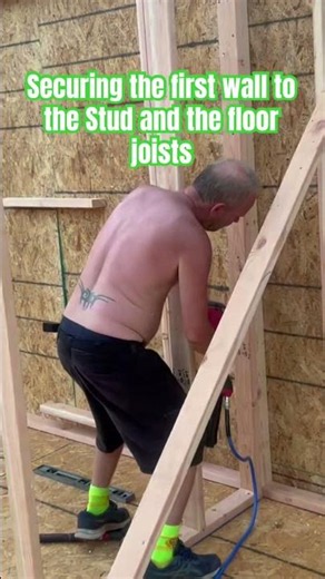 Securing the first wall to the stud and the floor joists #DIY building out new house