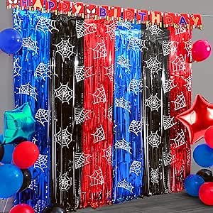 Spider Birthday Party Decoration, 2 Pack Spider Web Printing Red Black Blue 3.3 x 6.6ft Foil Fringe Curtains Tinsel Photo Booth Props Streamers Backdrop for Spider Party Supplies