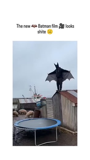 Total_funnys on Instagram: "This Instagram reel shares an AI-generated parody video of a 'Batman' trailer, depicting a caped figure leaping from a shed onto a trampoline in a muddy farmyard—only to spectacularly fail amid pigs and a dog—garnering 24,000 likes and 1.4 million views in hours for its slapstick absurdity. User reactions mix amusement with spot-on critiques of AI flaws, such as unnaturally bending wood and glitchy physics, while humorous replies dub it 'Revenge of the Trampoline' or