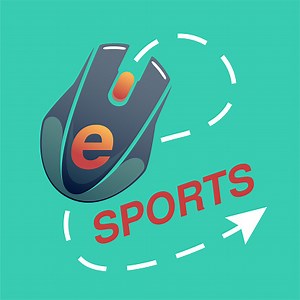 e-sport logo with red letters on a green background with a computer...