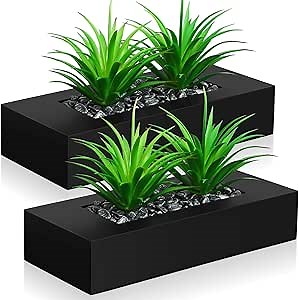 Hotop 2 Pcs 10 Inch Artificial Green Grass Plants in Wood Decorative Planter Pot Rectangle Faux Greenery Pot Table Plant for Tabletop Centerpiece Indoor Decor(Black)