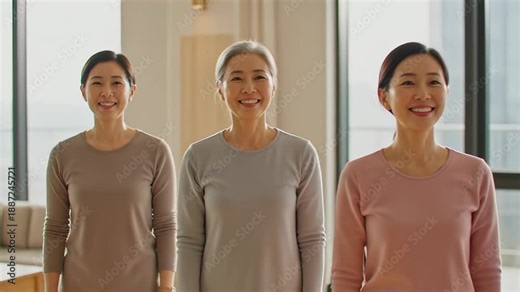 Cheerful Asian nurses and senior women performing arm rehabilitation exercises in a bright medical center, showcasing active aging and physiotherapy concepts.