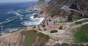 Devil's Slide Bunker and Trail, Graffiti Hill and Bunker Point in Background. Gray Whale Cove State Beach in Background. Pacific Ocean Coastline and Waves. California State Route 1