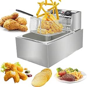Commercial Electric Deep Fryer, 1750W 6.3QT Capacity Stainless Steel Professional Commercial Frying Machine with Basket &Lid, 6L Countertop Single Tank Oil Fryer with Temperature Control