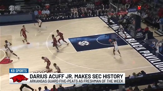 Hear from Darius Acuff Jr. after making history. The Arkansas guard was named SEC Freshman of the Week for the 5th straight week. He averaged 22 points and 5 assists in 2 games Video: Razorback Athletics More: https://www.kait8.com/2026/01/13/arkansas-guard-darius-acuff-jr-earns-5th-straight-sec-freshman-week-award/ | Region 8 Sports