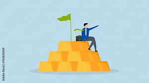 4k Animation Gold investment, businessman, wealth manager, trader, or wealthy investor sits atop a stack of gold bar bullion.