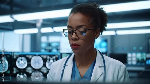Focused Female Doctor Analyzes Brain Scans in High-Tech Medical Lab