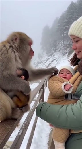 Mother Monkey Gently Touches Human Baby | Pure Curiosity, No Fear