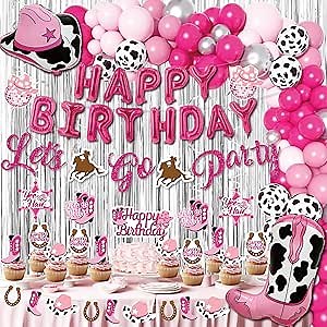 Disco Cowgirl Birthday Party Decorations - 105PCS Pink Decorations, Happy Birthday Foil Balloons, Hanging Swirls, Hot Pink Silver Balloon Garland Arch Kit, Banner, Cake Topper