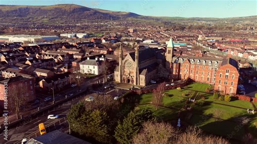 Travelling 4K 60FPS aerial video of Clonard Monastery in West Belfast, Northern Ireland. Produced with Rec709 color.