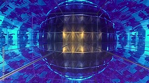 Abstract geometric pattern in a futuristic tunnel with blue and purple hues. Illuminated lines and mirrored surfaces create a sense of infinite depth and digital symmetry