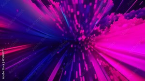 Video animation of abstract explosion of lights, radiating outward in a dynamic burst, colors transition from deep blue to vibrant pink, creating a visually stimulating effect