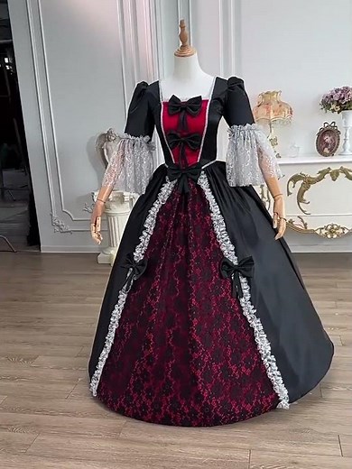 Vintage Bow Lace Black Victorian Dress Halloween Witch Queen Vampire Cosplay Dress #halloween