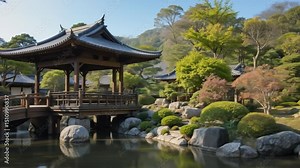 Traditional Japanese architecture with wooden gazebo bridge over water in a garden with trees and stones. 4k video