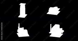 Set with 3D factories, office buildings and factories with pipes. Isometric 3d animation Alpha matte included.