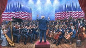 Trump plays MAGA conductor in bizarre new painting with Charlie Kirk in the orchestra