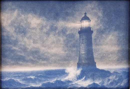 Lighthouse Wall Art, Ocean Storm, Coastal Decor, Vintage Maritime Artwork, A4, Handmade Blue Cyanotype - Etsy