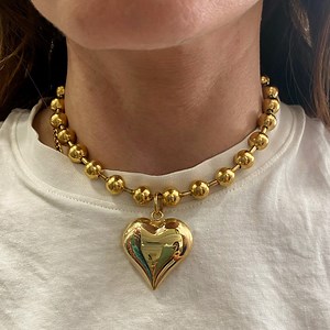 Heart Necklace, Gold Tone Heart Necklace, Puff Heart Pendant, Ball Chain With Puffed Heart, Chunky Heart Choker - Etsy
