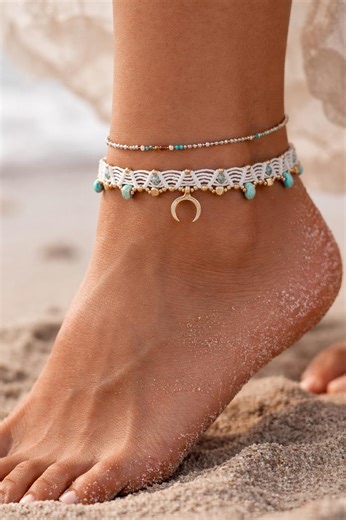 Handmade Macrame Anklet • Boho Natural Stone, Gold Beads, Moon Charm - Etsy