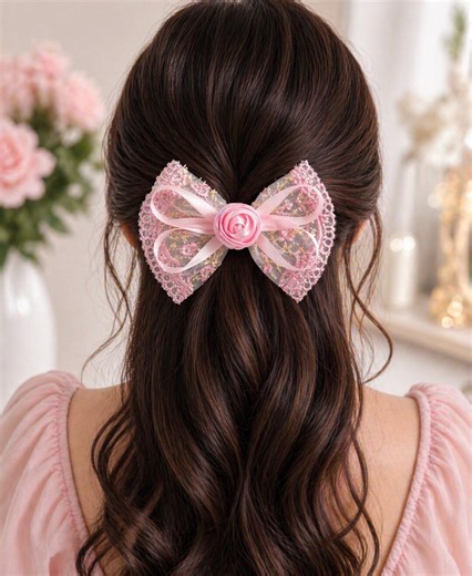 Pink Floral Lace Hair Bow | Rose Center Bow Clip | Cute Girls Hair Accessory | Elegant Bow | Handmade Hair Clip - Etsy