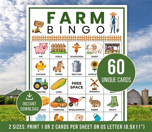 Farm Bingo Game, 60 Farm Bingo Cards, Printable Farm Party Game, Farm Activity for Kids, Farm Birthday Bingo. Farm Games, Instant Download - Etsy
