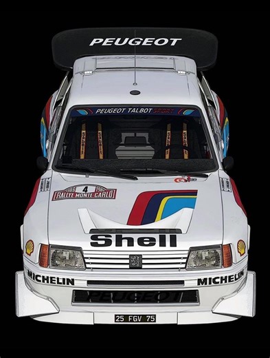 PEUGEOT 205 T16 This car is a Peugeot 205 Turbo 16 (T16), specifically a competition version from the legendary Group B rally era, likely an Evolution 2 (Evo 2) model or a faithful recreation/restoration in the iconic Peugeot Talbot Sport factory livery. Key Features Visible in the Image • Body and Aerodynamics: Compact hatchback shape with aggressively flared wheel arches, a massive adjustable rear wing, extended front and rear bumpers/splitter for downforce, and a low stance. The entire rear h