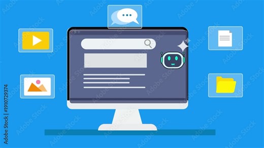 Desktop monitor displaying content dashboard with AI assistant robot, media panels, and file management icons, representing digital content organization and automation workflow.