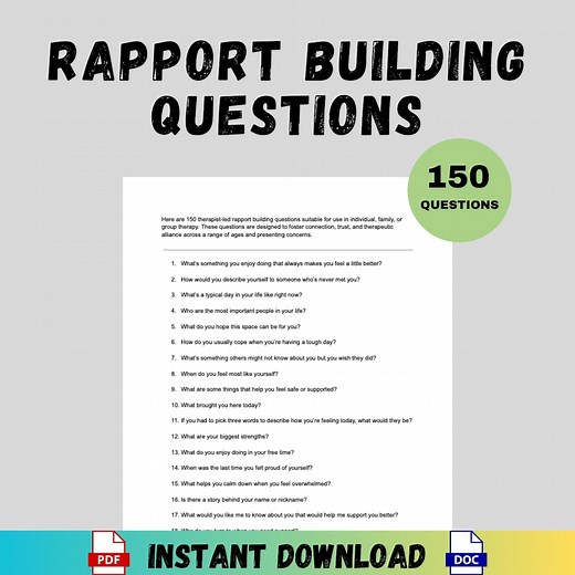 Therapy Rapport Building Questions PDF Counseling Icebreakers for Adults Teens Kids Intake Mental Health Printable Therapist Tool Download - Etsy