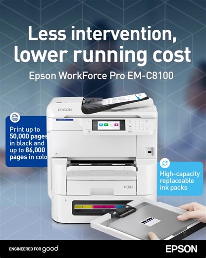 Combine high-volume printing with low-cost operations!​ The Epson EM-C8100 features a Replaceable Ink Pack System and DuraBrite Pro pigment inks; it delivers up to 86,000 black and 50,000 color pages with sharp, smudge-free results.​ Built for business productivity, this inkjet printer helps teams print more with less downtime and lower running costs—ideal for offices, schools, and enterprises that rely on consistent, high-quality output. Its Heat-Free Technology also reduces energy use, while h