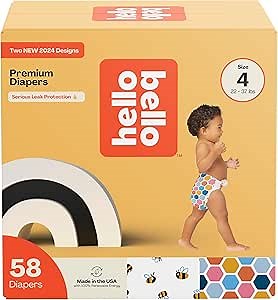 Hello Bello Premium Diapers Size 4 (22-37lbs), Busy Bees & Hive Five Designs, 58ct Club Box