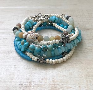 Beach Stackable Bracelets Shell Stone Starfish Sea Turtle Honu Ocean Blue Sea Mermaid Surfer Girl Nature Girlfriend Wife Mother Boho Gift - Etsy