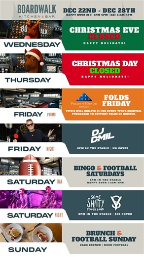 Boardwalk Kitchen & Bar - Shakopee, Mn on Instagram: "We’re taking a quick holiday intermission. We will be closed Christmas Eve and Christmas Day, then it’s back to business (the fun kind). DJs, @some_shitty_cover_band, bingo, football, and of course amazing food for you to enjoy. Our ice bar will be back open Friday and Saturday! #icebar #shakopee @djdmil @dj_ys @foldsofhonorminnesota"