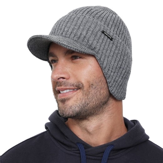 WMCAPS Winter Beanie with Brim and Ear Flaps, Outdoor Warm Fleece Lined Knit Hat Stocking Caps for Men Women (Gray)