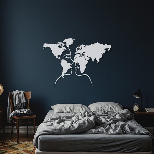 Metal World Map Faces Wall Art, Abstract Couple Line Art Decor - Etsy