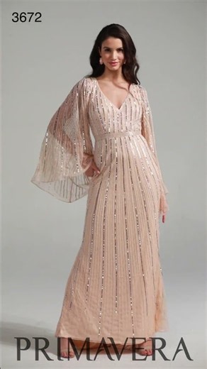 Primavera Couture - 3672 Sequined Long Bell Sleeve Sheath Dress