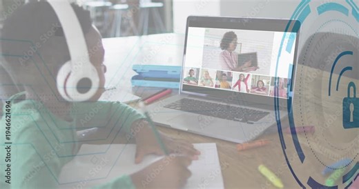 Child sitting writing notes for remote class laptop session starting UI padlock overlaying right