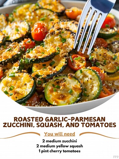 Roasted 🙋 Garlic-Parmesan Zucchini, Squash, and Tomatoes Ingredients 2 medium zucchini sliced into rounds 2 medium yellow squash sliced into rounds 1 pint cherry tomatoes halved 4 cloves garlic minced 2 tbsp olive oil ¼ cup grated Parmesan cheese Salt and pepper to taste Fresh basil or parsley for garnish Instructions 🐓 | Easy Recipe For You
