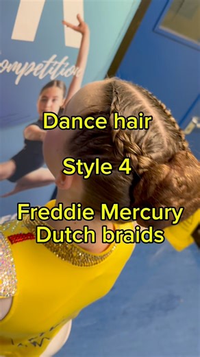 Dance hair style 4 … Freddie Mercury does Dutch braids. Off to a dance comp and Ruby absolutely smashed this hairstyle! All products and tools we use are linked in our bio plus the Braiding masterclass for you to learn to braid yourself #hairtutorial #simplehairstyle #dancehair #hairideas | The Preston Family