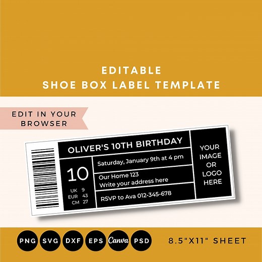 Editable Shoe Box Label Template: Canva Customizable DIY Printable Digital Download SVG for Party - Etsy