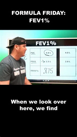 Joe Lewis on Instagram: "Let’s walk through how to calculate FEV1% 👇 It’s one of the most important numbers in pulmonary function testing — and knowing how to find it can make or break your exam. In this short, we break down the math step by step. 🎬 Full video: Respiratory Therapy – What is the FEV1%? #aarc #RespiratoryTherapy #RTStudent #PulmonaryFunction #StudyTips"