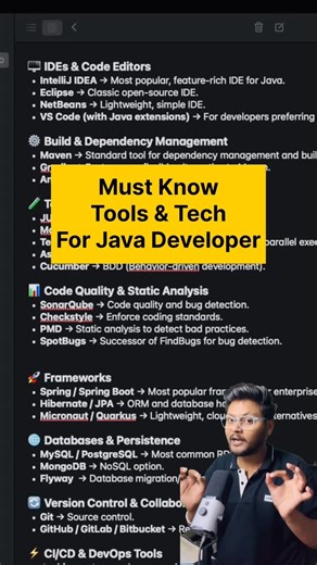 Chetan Ghate | Must Know Tools & Techs For Java Dev ✅ . Follow @codesnippet.java ✅ . #java #programming #programmer #code #coding #springboot #coder... | Instagram