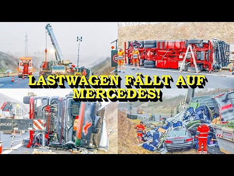[SPEKTAKULÄRER LKW-UNFALL AUF A8] - LASTWAGEN FÄLLT AUF MERCEDES - | LANGE BERGUNG MIT AUTOKRAN